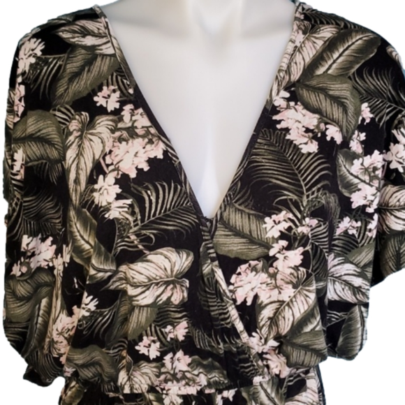 Tropical floral romper with tassles pink flower palm fronds and ferns - Picture 3 of 15